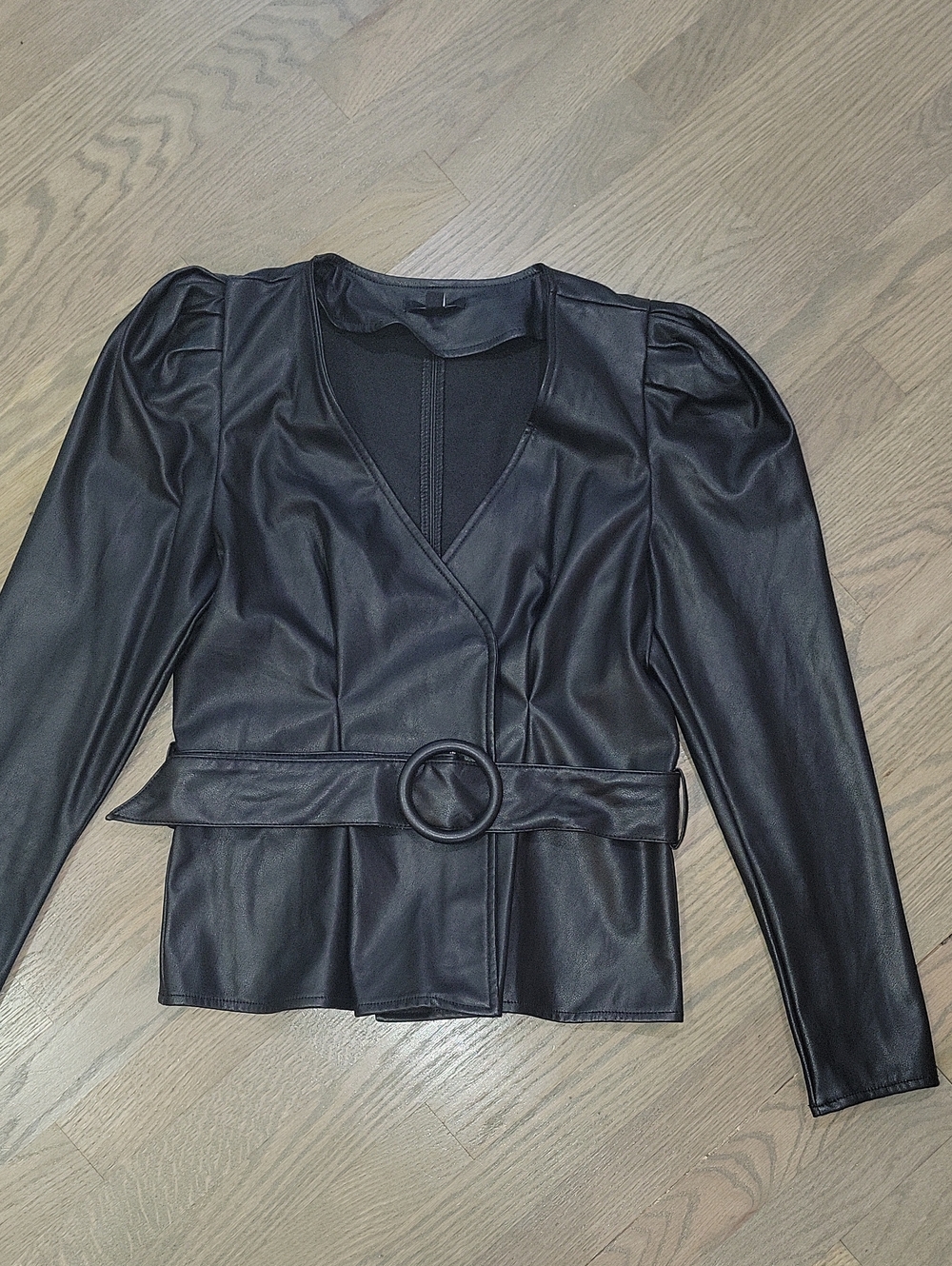 Black Faux Leather Belted Wrap Blouse
